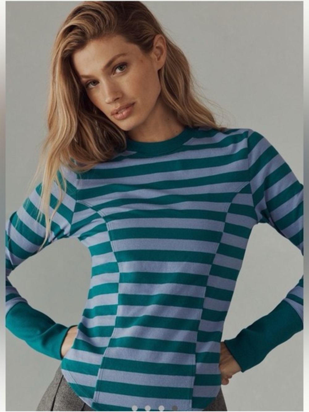 Maeve Teal and Light Blue Striped Long-Sleeve Crewneck